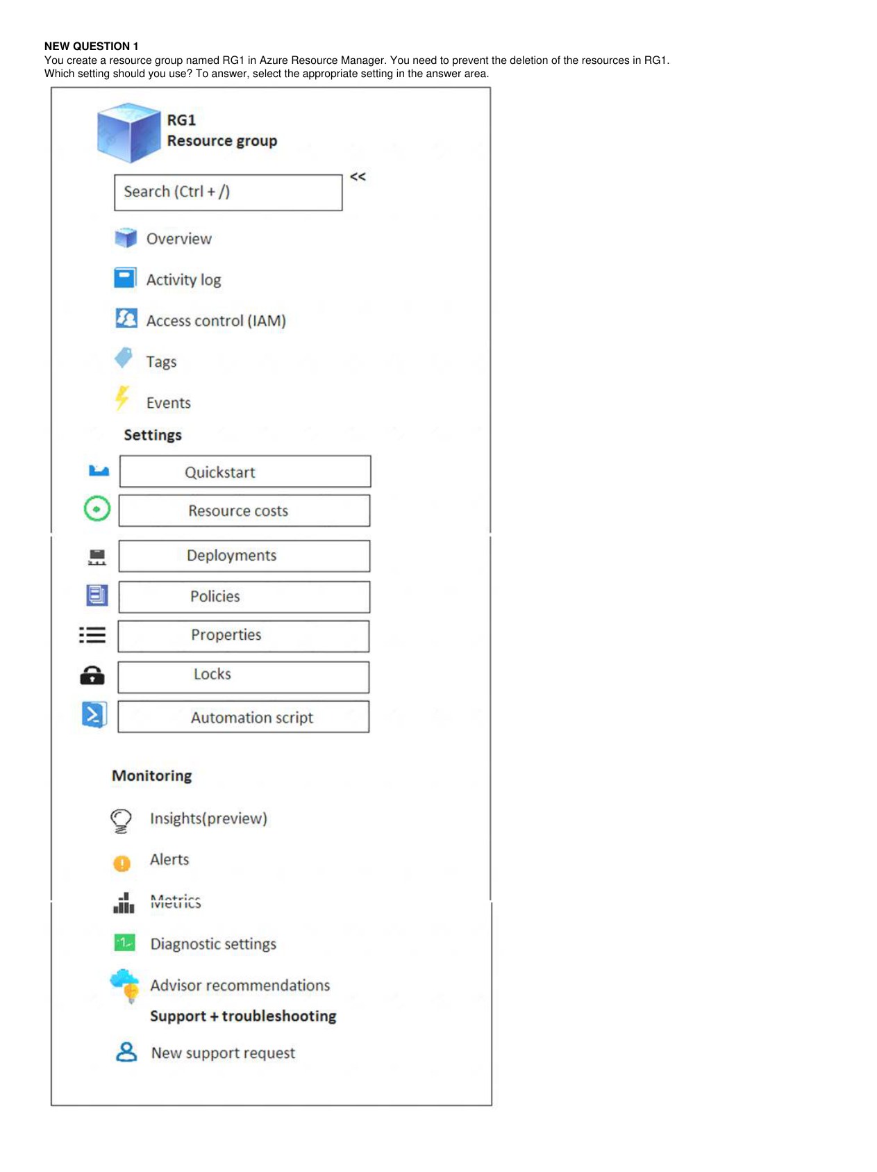 Azure portal resource group settings panel showing the Locks option